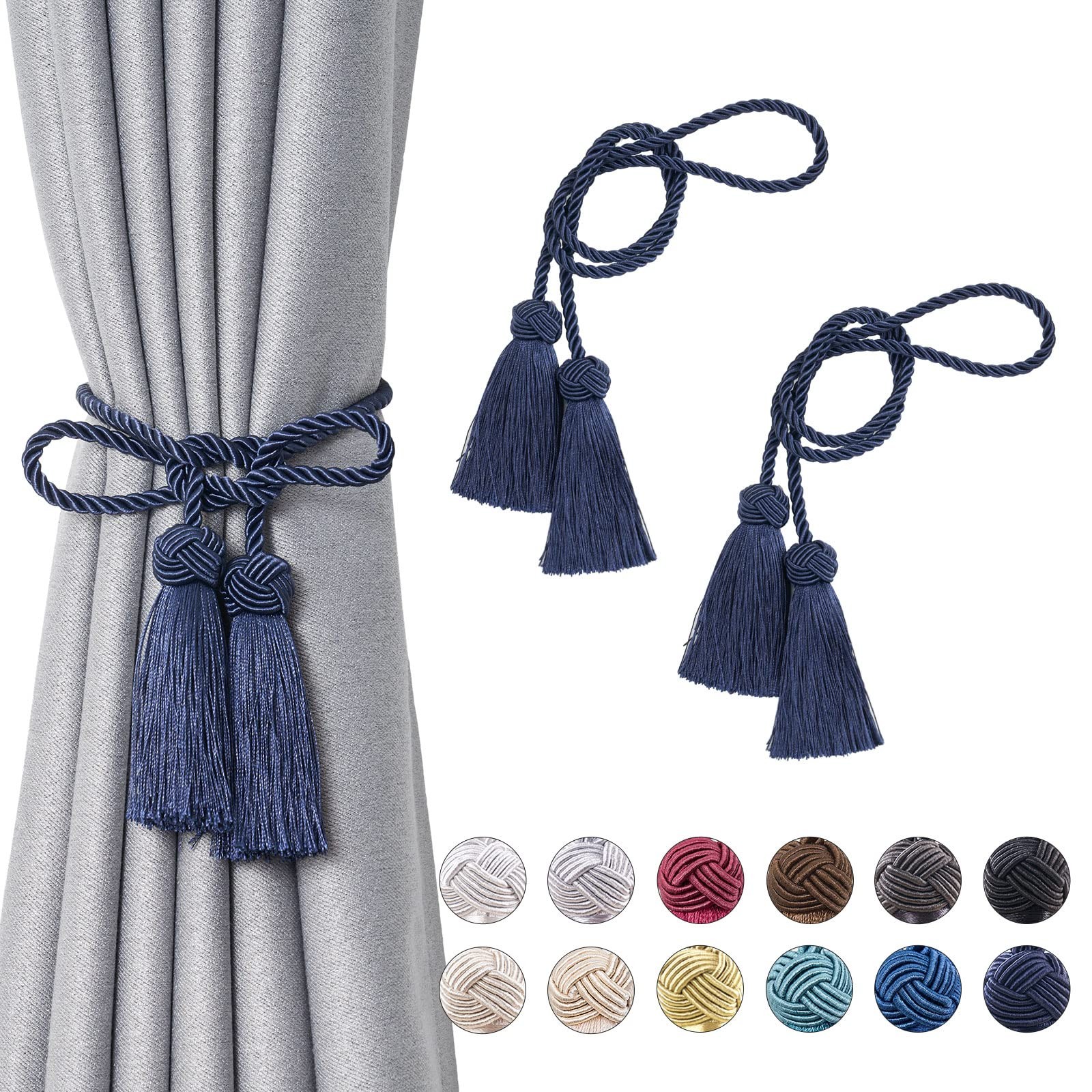 2 Pack Double Ended Tassel Curtain Tiebacks Braided Rope Holdbacks Dark Blue