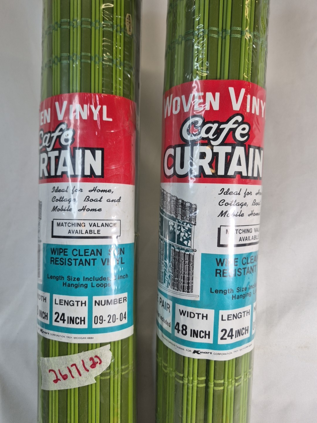 2~ NOS VTG WOVEN VINYL CAFE CURTAINS AVOCADO GREEN 24″L×48″W KMART COTTAGE BOAT