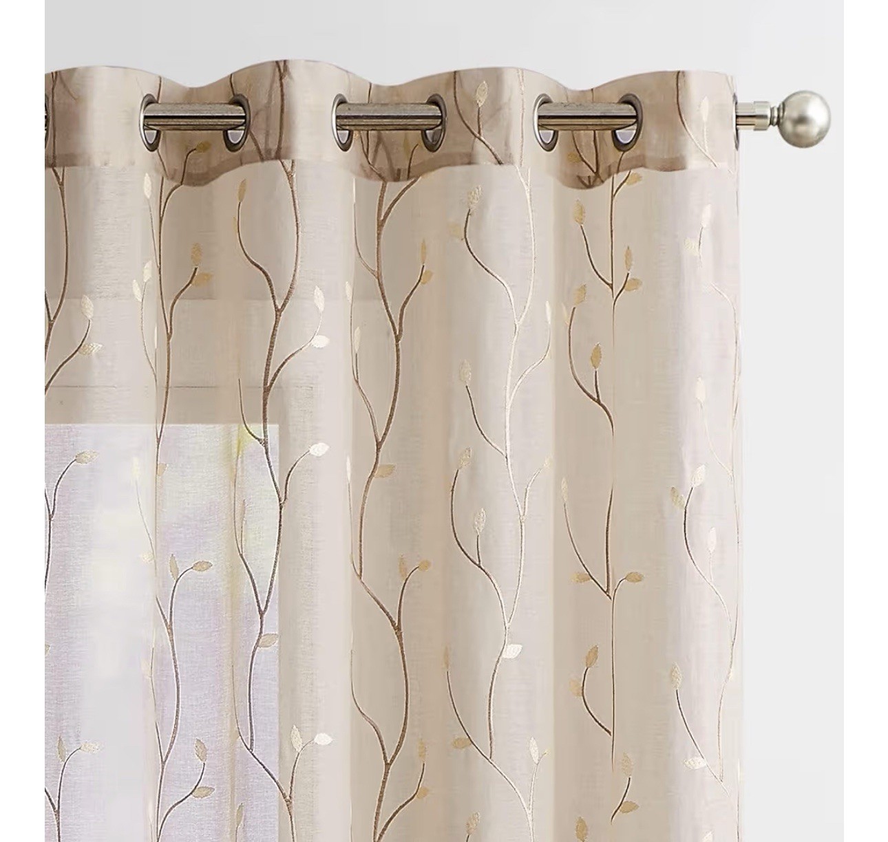 Jinchan Beige W/gold Leaves Transparent curtains window set of 2 panels
