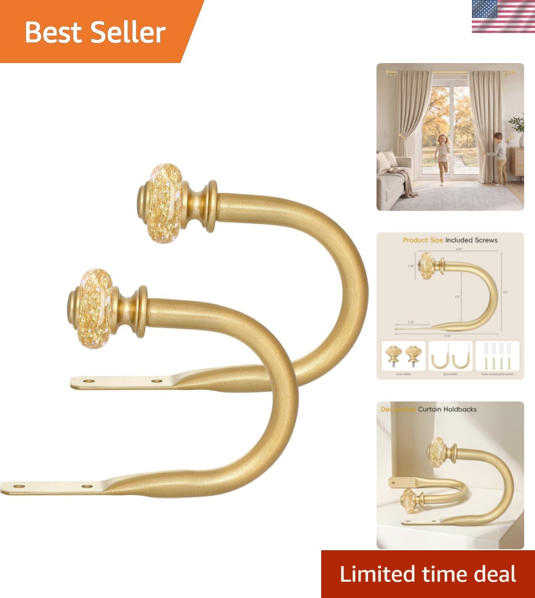 Curtain Holdbacks Gold 2 Pack, Metal Curtain Tiebacks with Decorative Vintage…