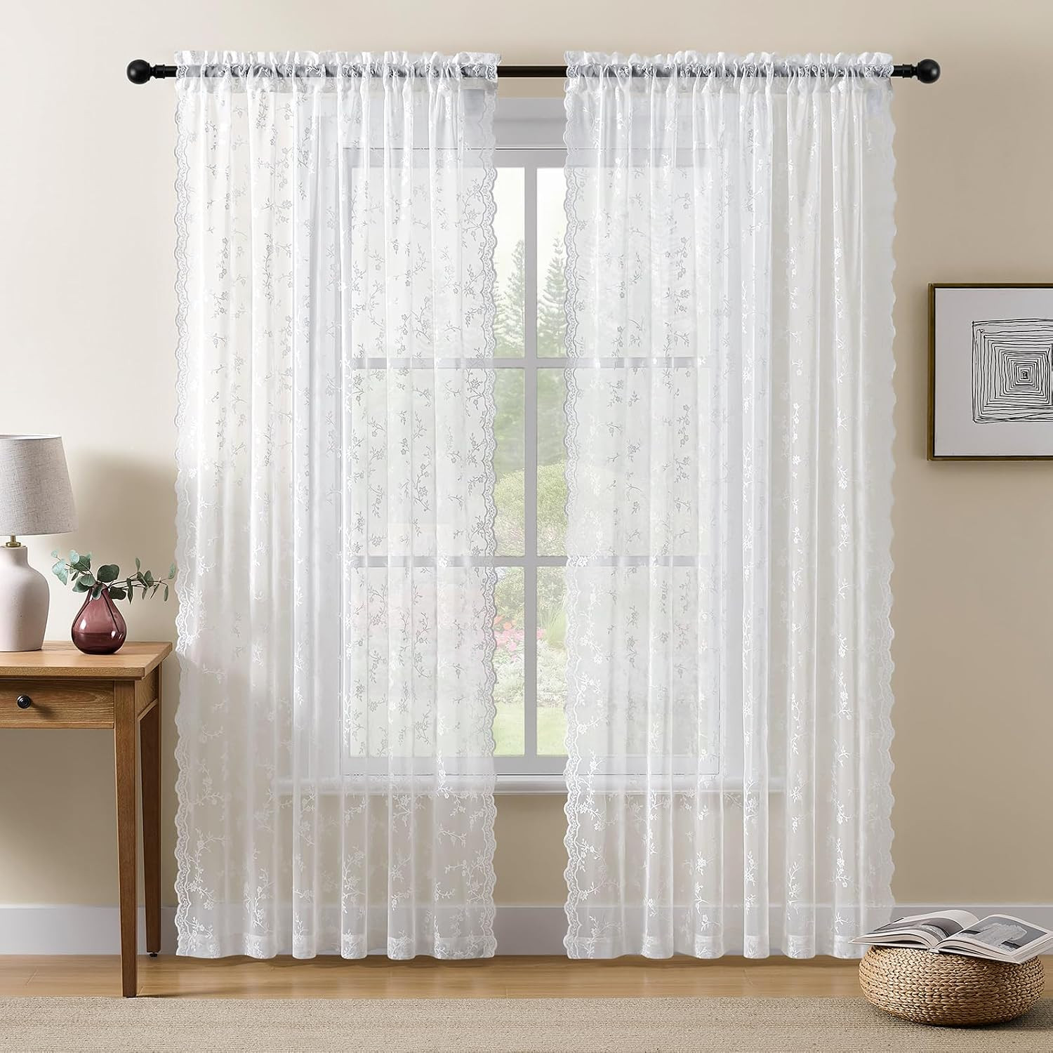 Lace Curtains 84 Inches Long, Vintage Floral Light Filtering Scalloped Edges She