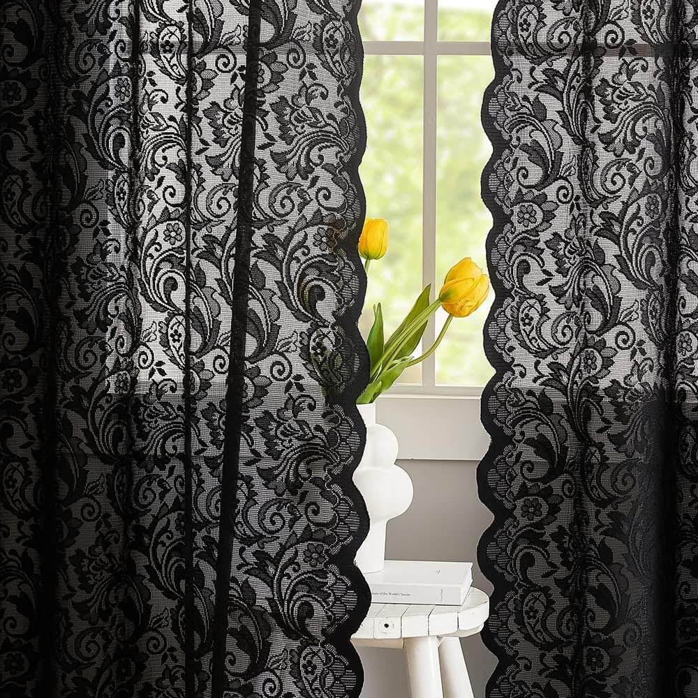 Black Lace Curtains 2 Panels 52×84 Gothic Sheer Boho Doorway Living Room