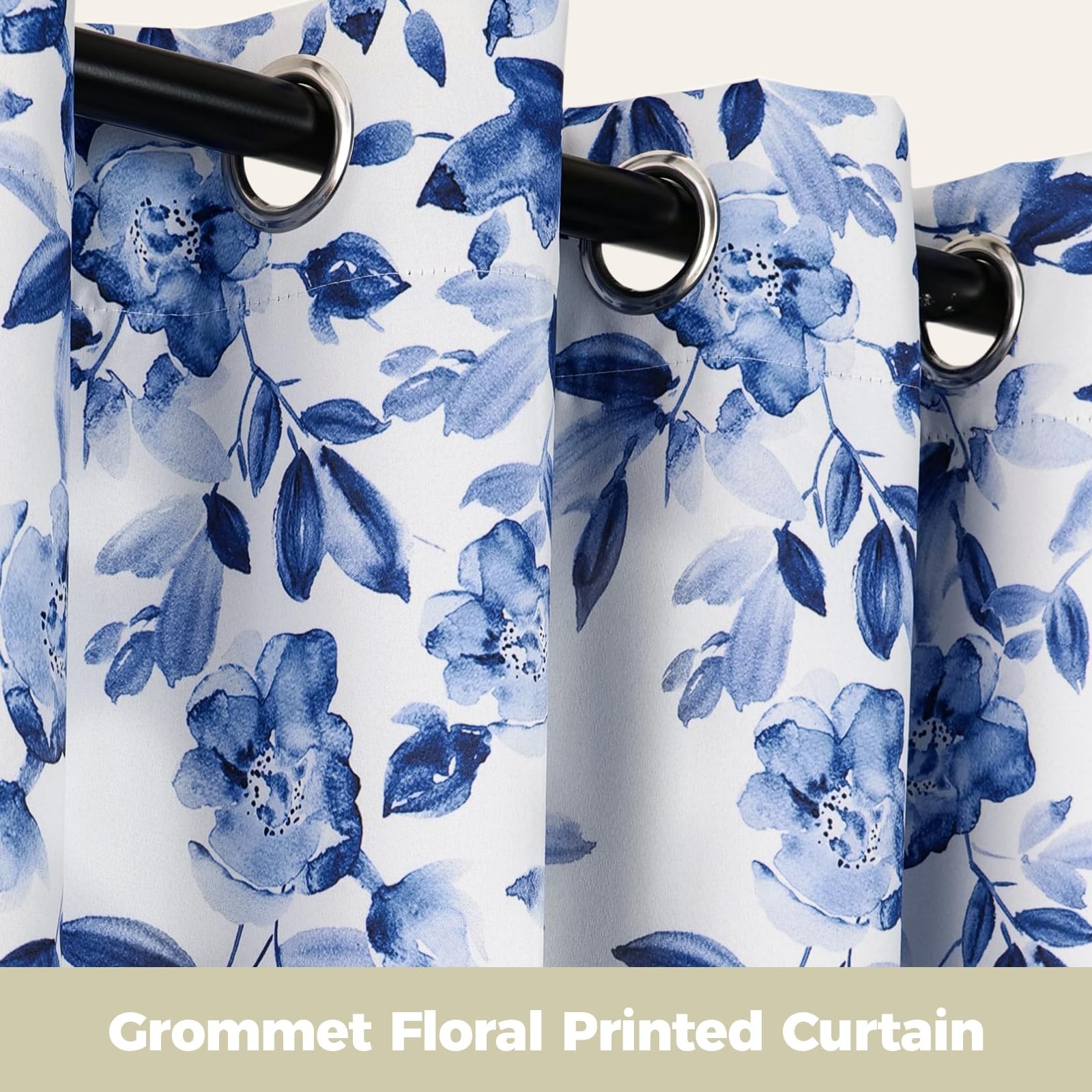 Navy Blue Floral Blackout Curtains, Blue and White Chinoiserie Grommet Curtai…