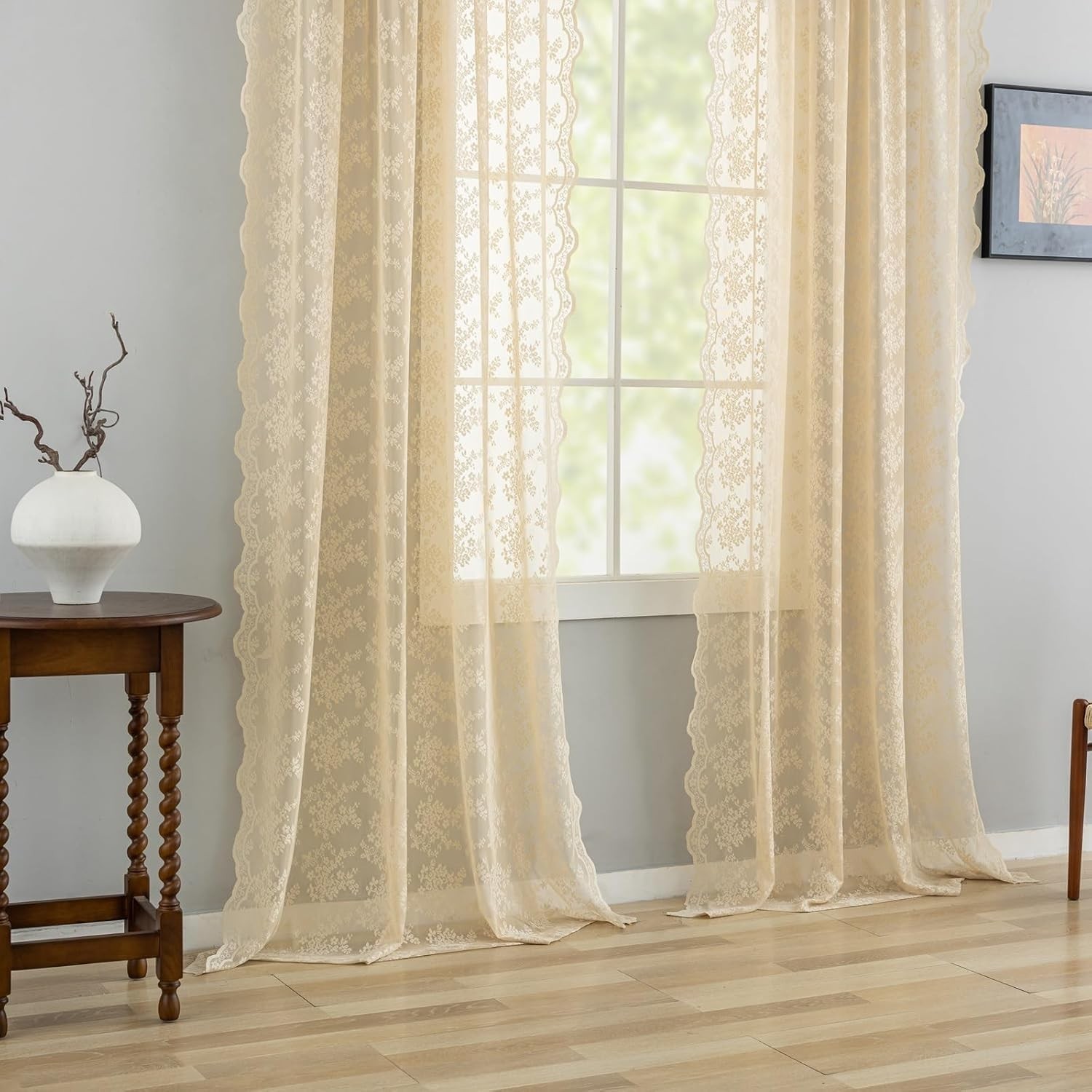 Vintage Lace Sheer Curtains Floral Branch Rod Pocket 52×84 Inch Ivory for French