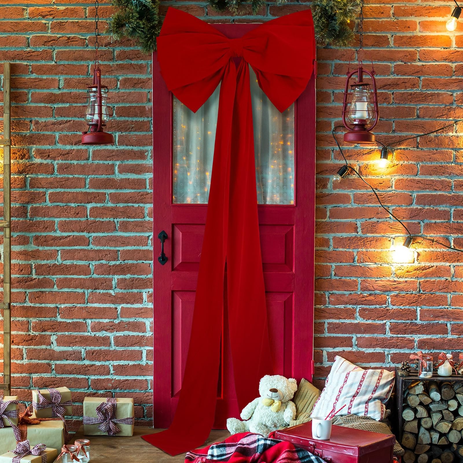 Extra Large Christmas Front Door Bow 27×78 Inch Giant Velvet Topper Red Decor