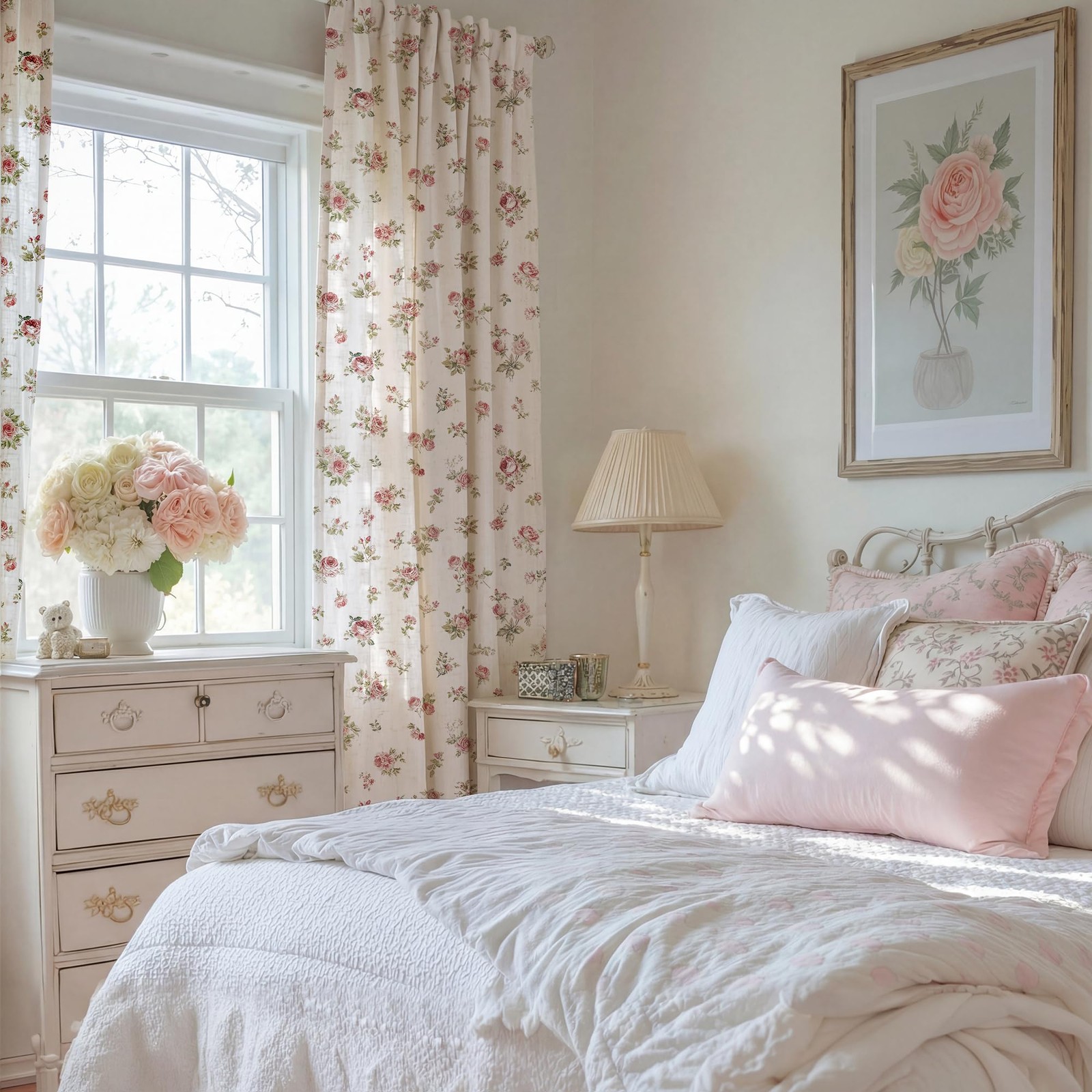 Floral Linen Curtains with Rose Pattern,Farmhouse Vintage Style Drapes with B…