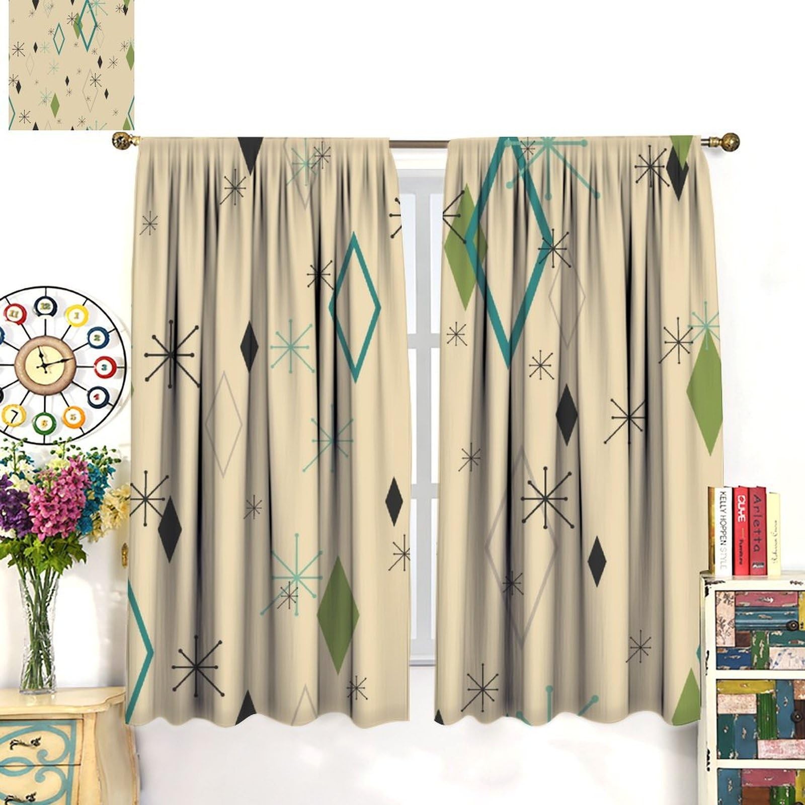 Mid Century Modern Curtains, Abstract Atomic Starburst Geometric Diamond Patt…