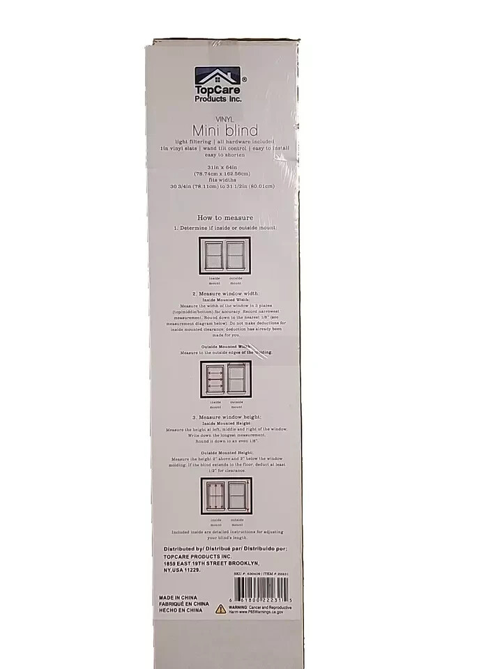 TopCare Cordless Vinyl Mini Blinds 31″ x 64″ NEW