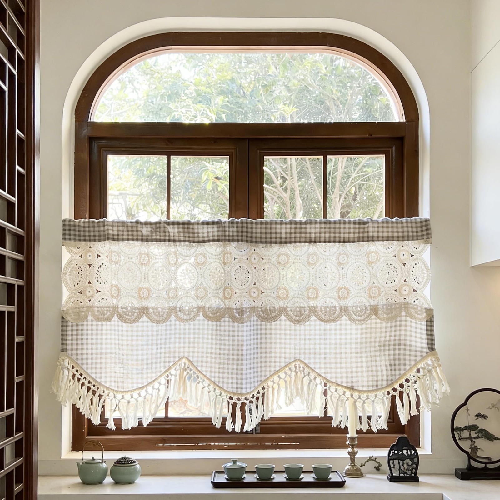 Boho Macrame Linen Knitted Lace Curtain Valance for Window Kitchen