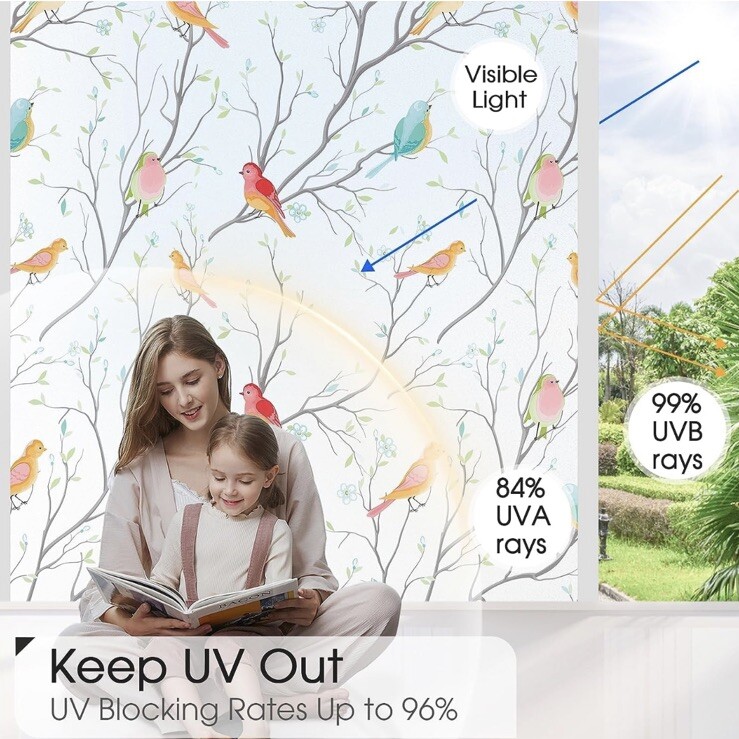 Coavas Window Privacy Film Decorative Bird Stained Glass Window Film Bathroom