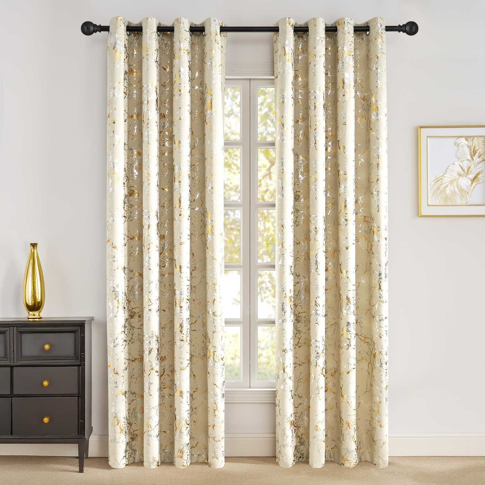 100% Blackout Silver and Gold Patterned Curtains for Living Room Bedroom Beig…