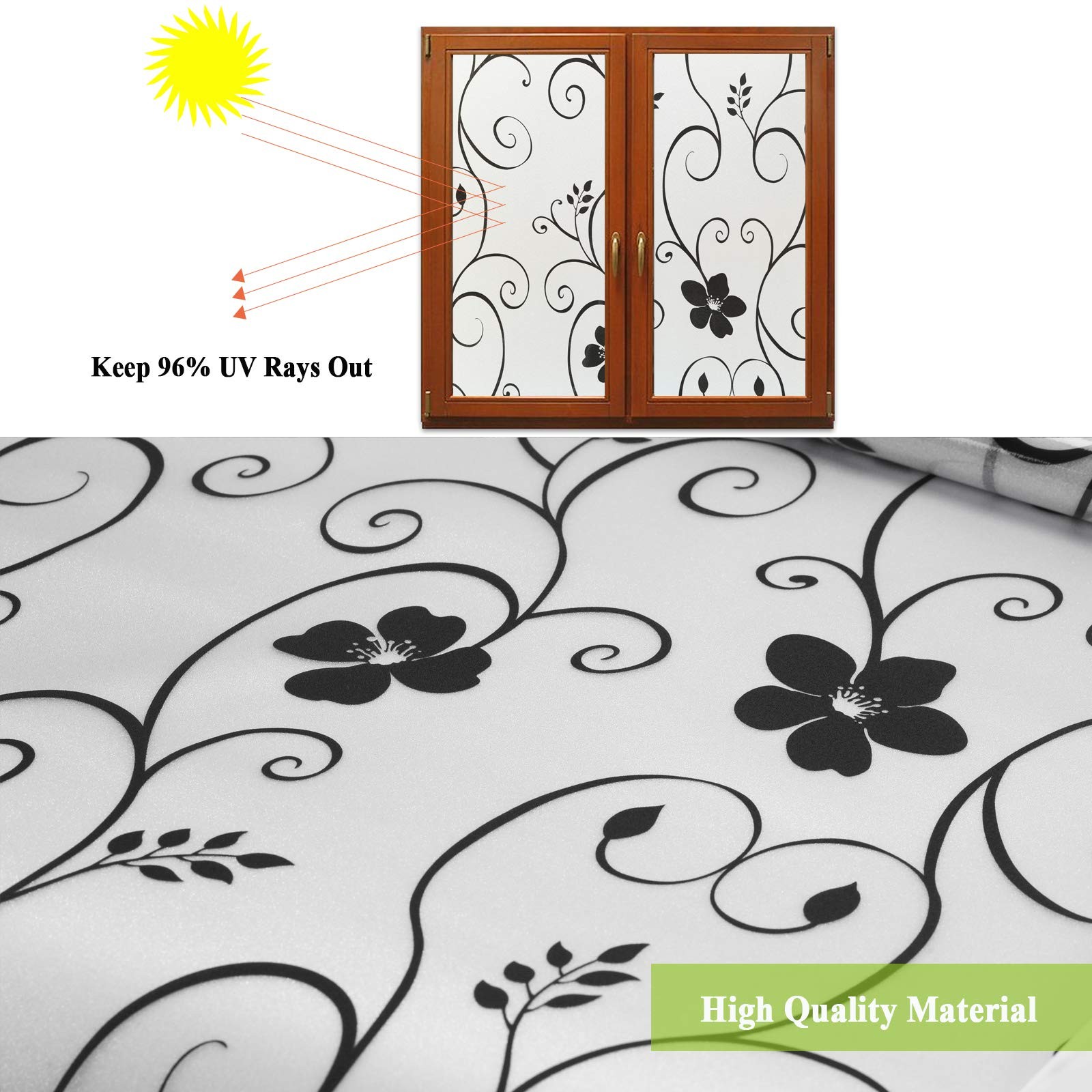 Decorative Window Film,Black Flower Static Cling Privacy Door Film, Non Adhes…