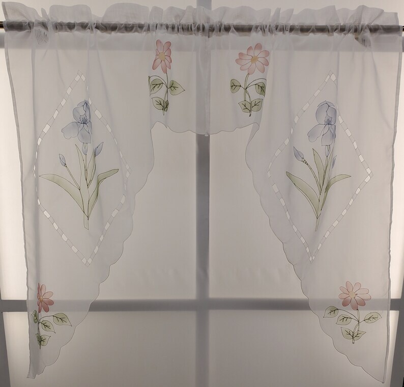 Iris Airbrushed Hand Cutwork Floral Sheer Toppers Swag or Valance VINTAGE White