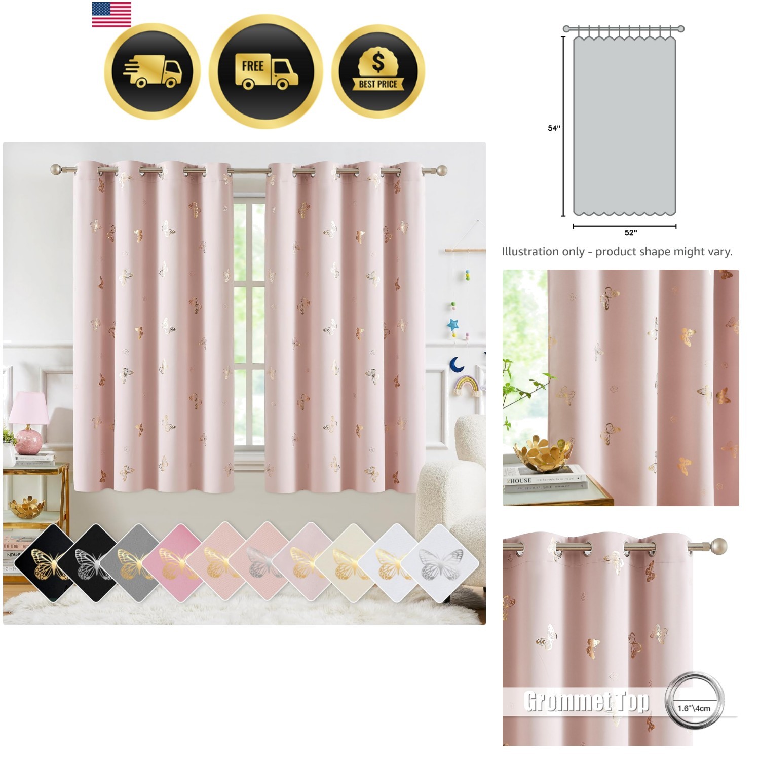 Metallic Butterfly Blackout Curtains 54″ Long for Small Window Pink and Gold …
