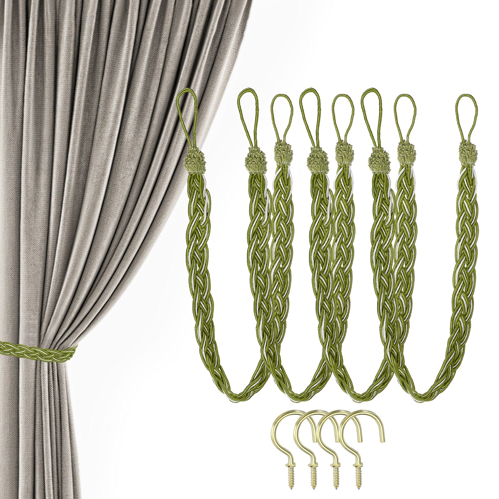 4 Pack 23″ Curtain Tiebacks Curtain Tie Backs Braided with Hook Forest Green