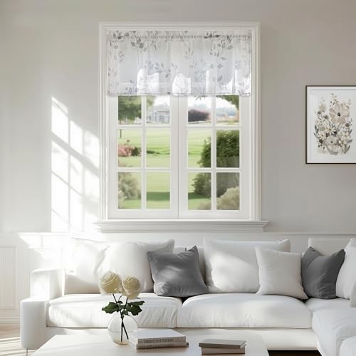 Linen Floral Valance Curtains for 50″W x 18″L (Pack of 1) Rod Pocket | Grey