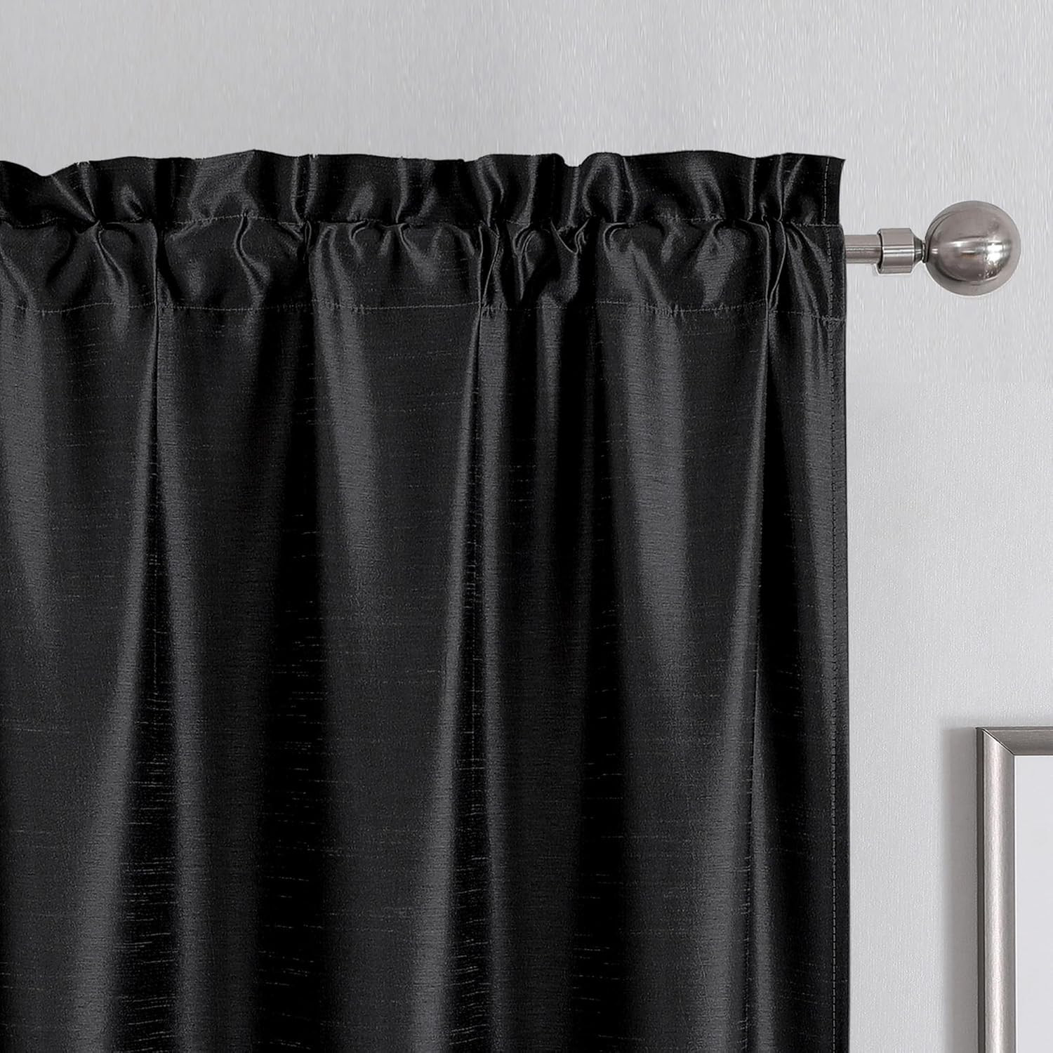 Uptown Black Faux Silk Curtains 72 Inch Length 2 Panels for Bedroom, Room Darken