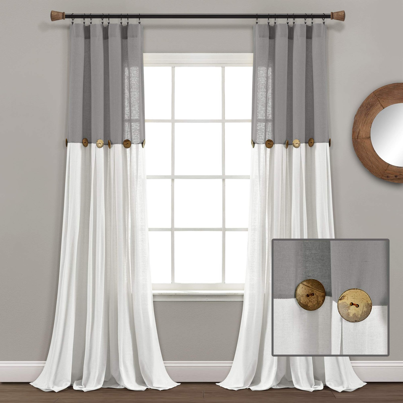 Dark Gray Linen Button Curtain 40×84 Farmhouse Modern Window Panel Single