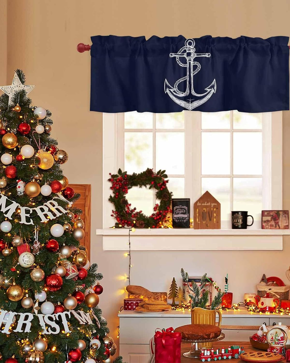 Window Curtains Valances, Nautical Knot Anchor Illustration Minimalist Art Dark