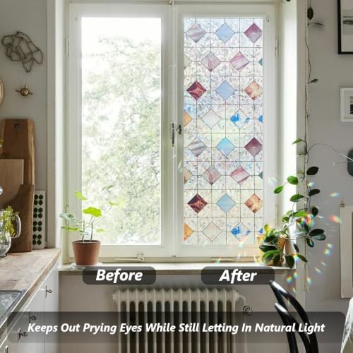 Window Privacy Film with Tools, Rainbow Stained Glass 17.5 x 78.7 Inch Diamond