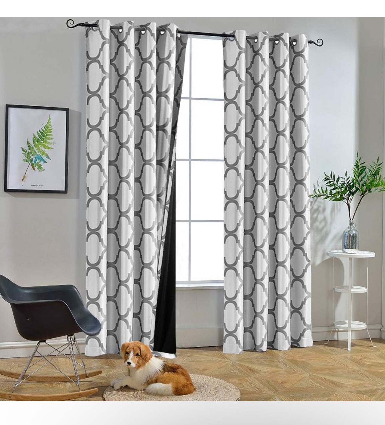 100% Blackout Curtains, Metal Gromets, White With Grey pattern. Set of 2 Panels.