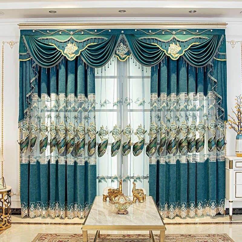 1 Panel Blackout Chenille Curtain Chinese Sealing Embroidery Sheer Tulle Home