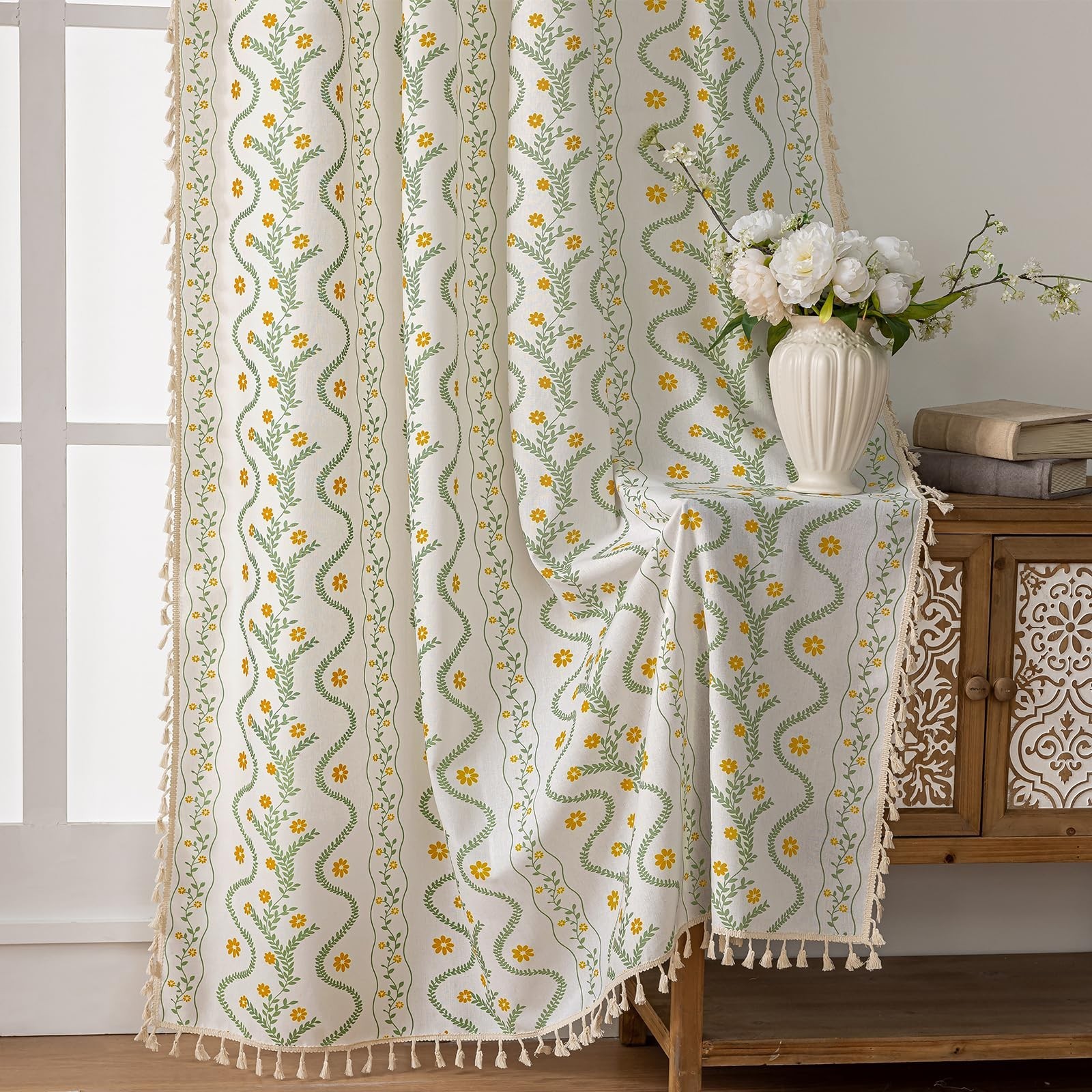 Boho Curtains 84 Inch Long for Living Room, Bedroom, Yellow Flower| Sage on W…
