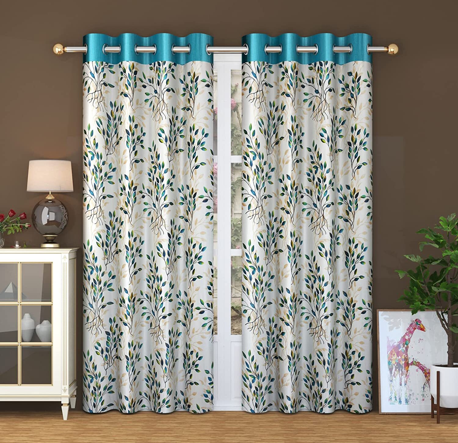 Beautiful Flower Printed Polyster Curtain 9 feet Long Door, 2 pc Curtains