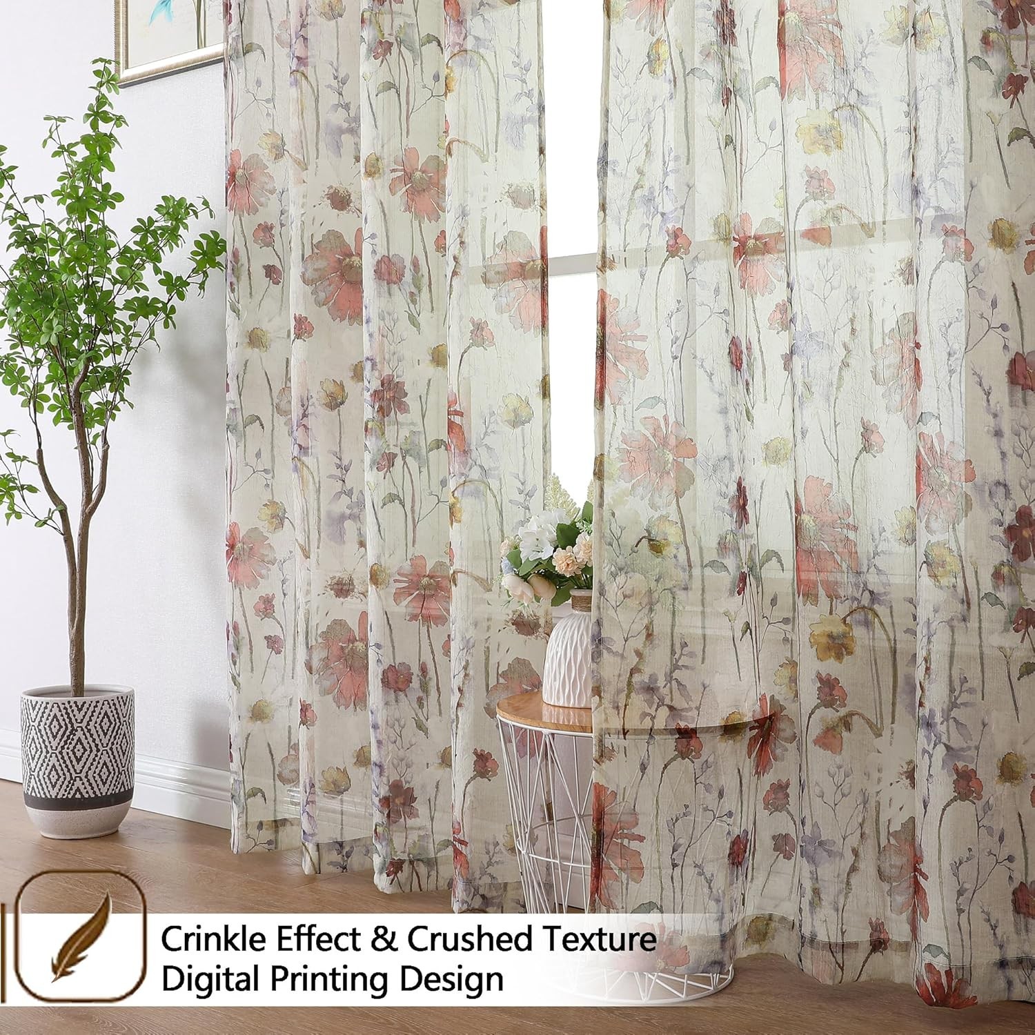 Crushed Sheer Curtains 84 Inch Length 2 Panels Set Sheer Floral Curtains Printed