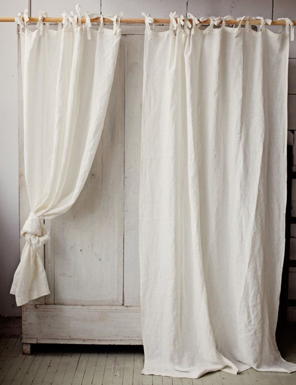 Tie top linen curtains with ties 55″ wide Window treatments panel White curtains