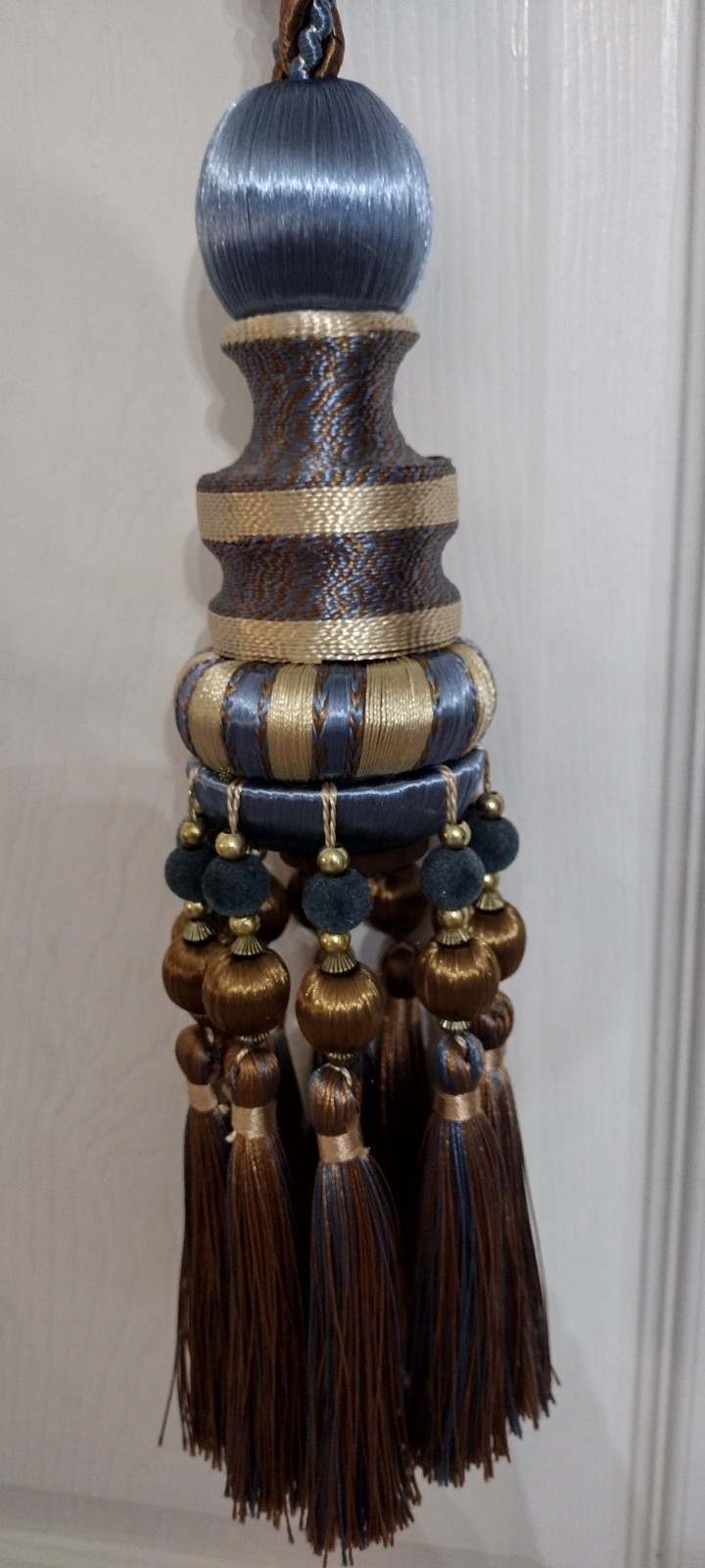 2 Blue Striped Pair of Decorative Tassels Large Luxury Drapery Tiebacks 28” long