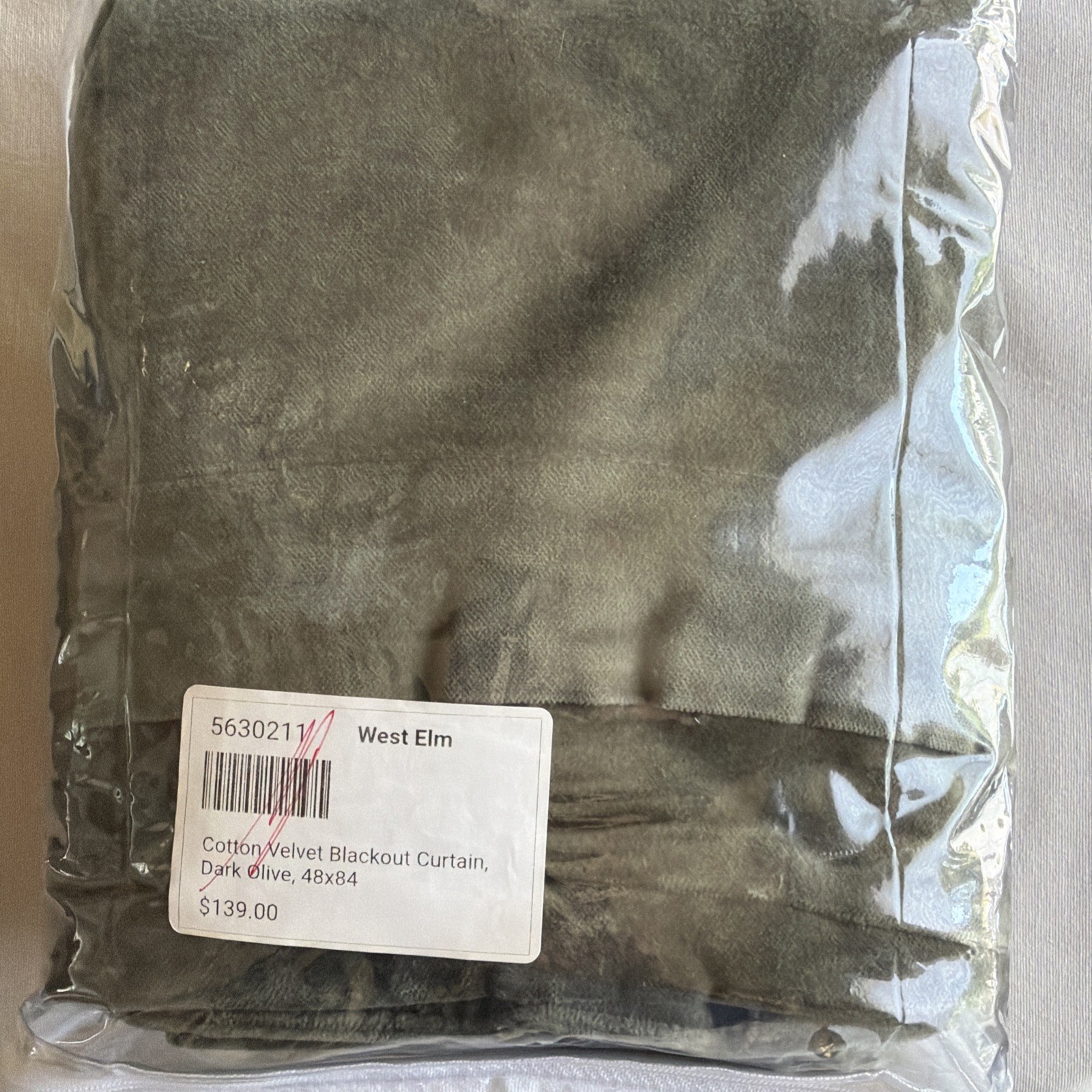 West Elm Cotton Velvet Curtain 1 panel 48” by 84″ Dark Olive Green blackout NIP