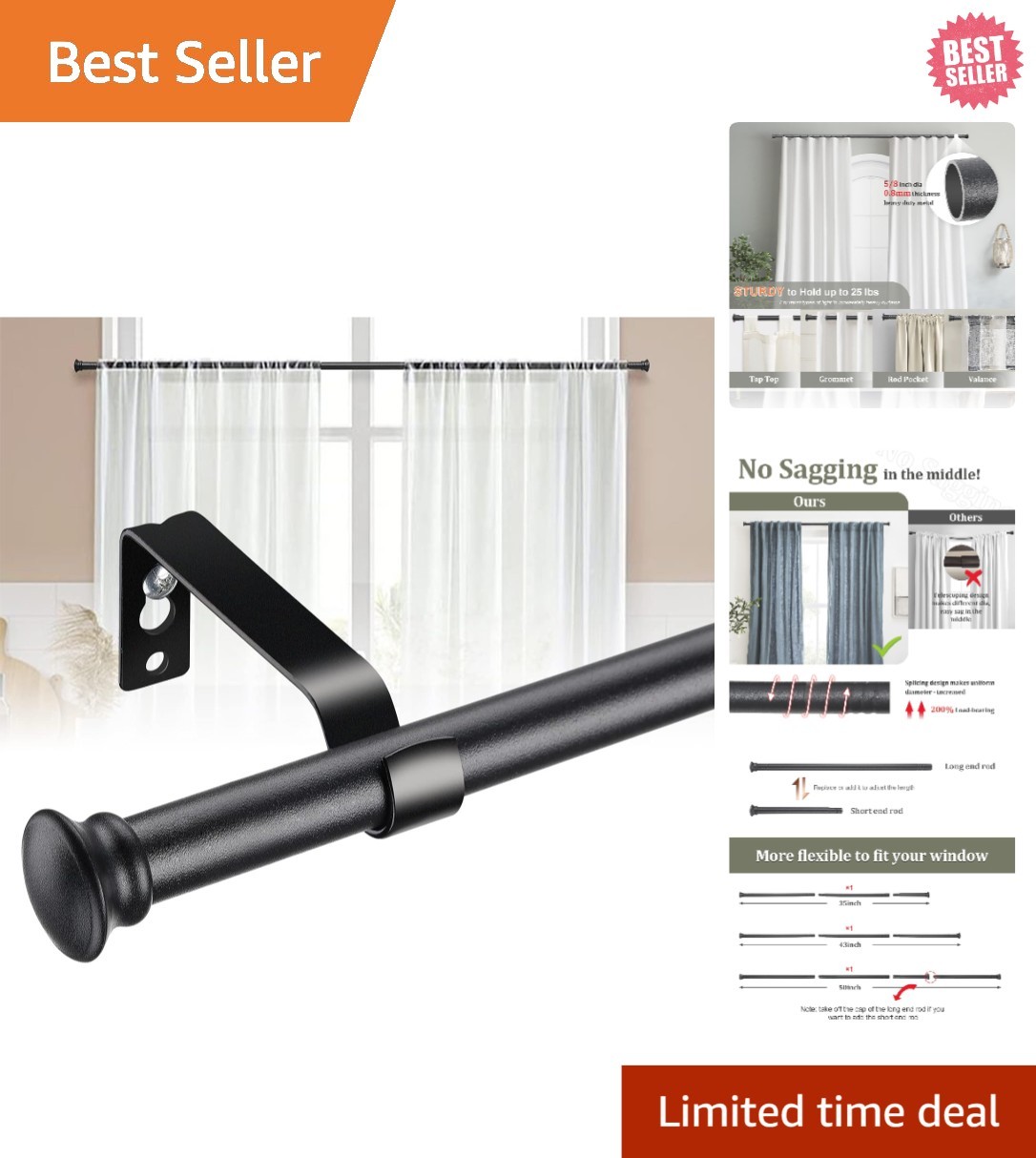 Stainless Steel Decorative Curtain Rods for 28-50 Inch Windows with Brackets