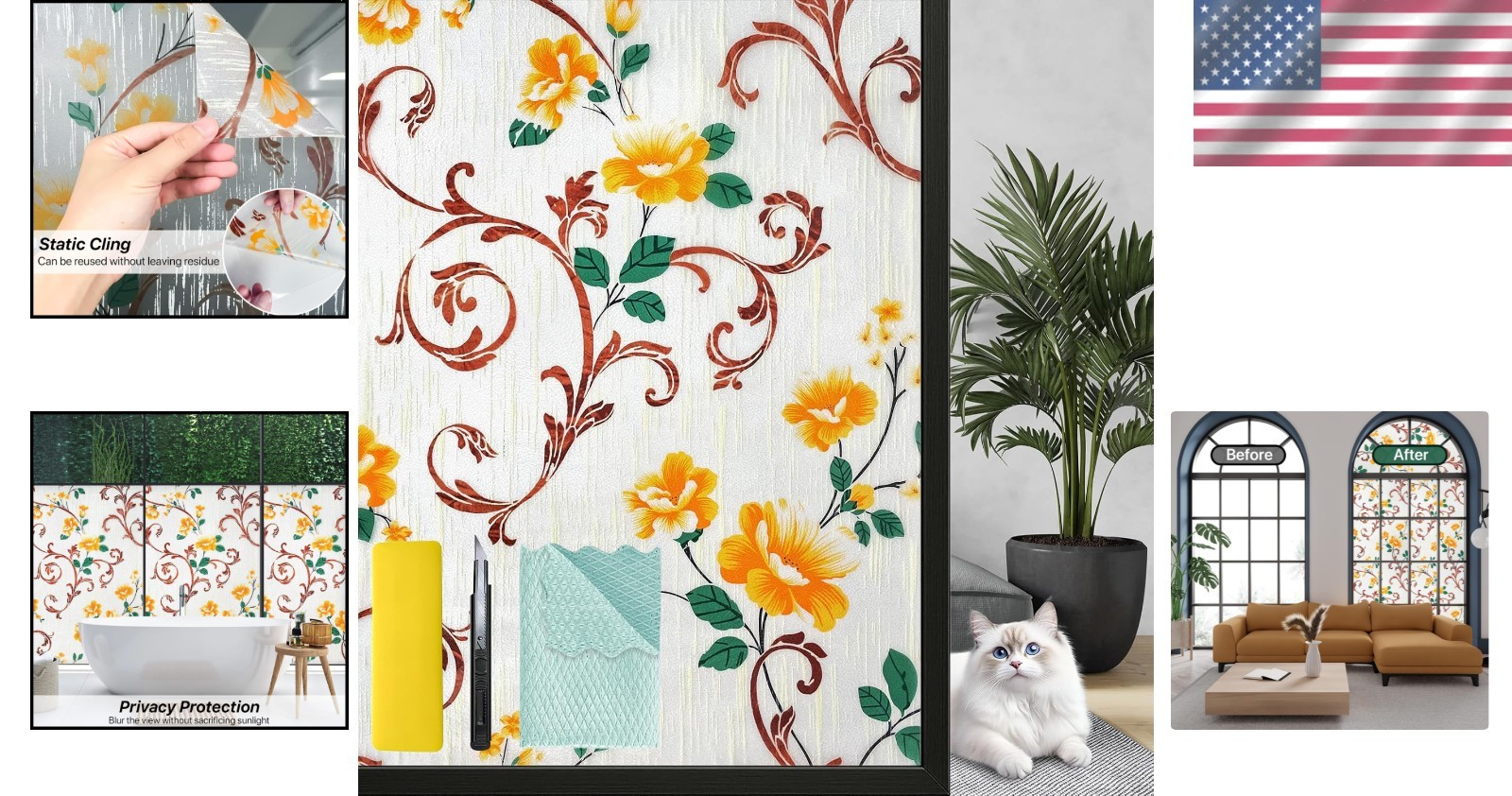 Flower Pure Stained Glass Window Film – Energy Efficient UV Defense, 17.5 x 78.7