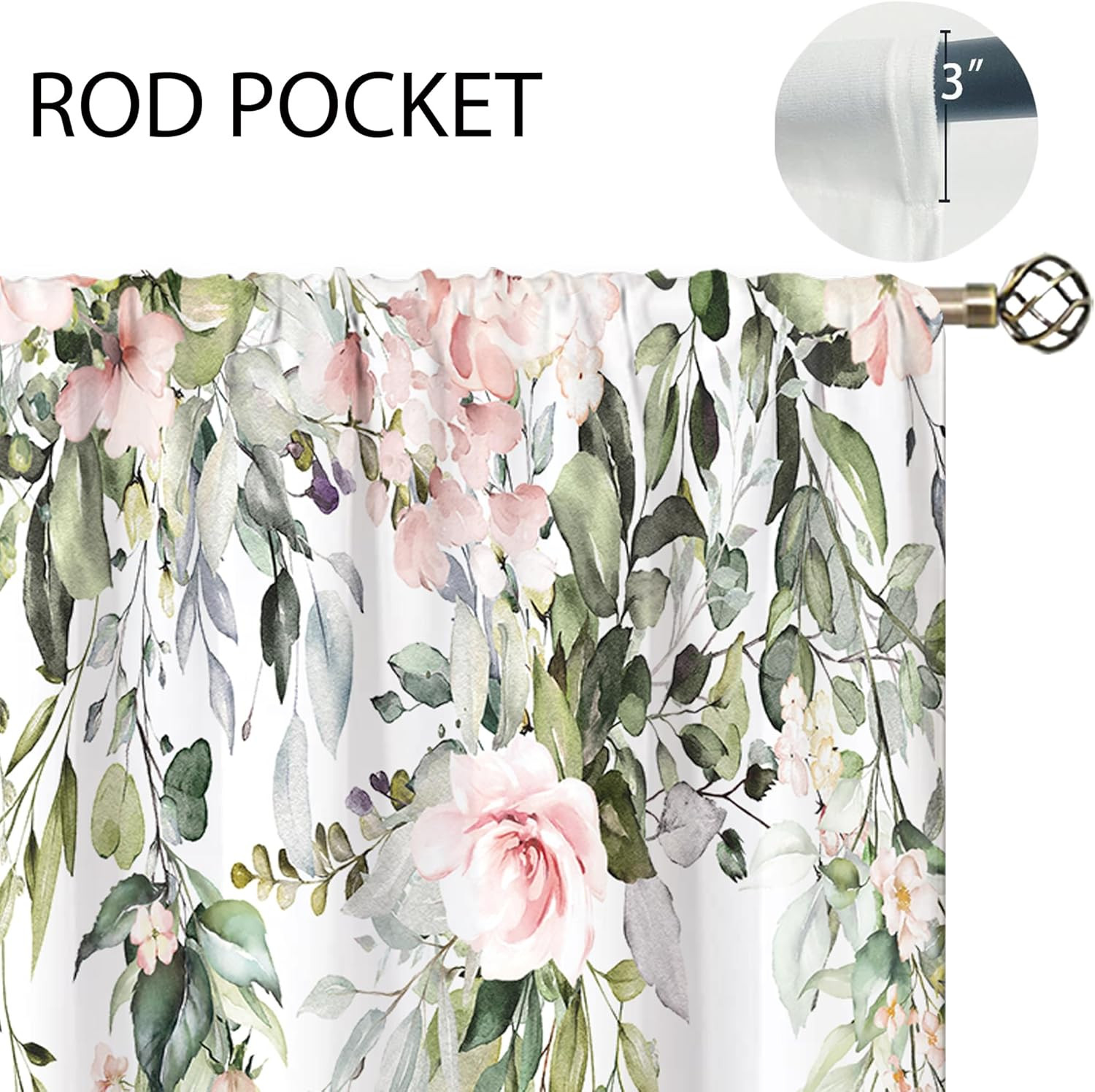 Eucalyptus Botanical Leaves Pink Rose Floral Kitchen Window Curtains Flower Plan