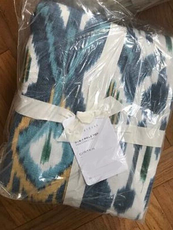 Pottery Barn Ikat Print Drapes Set 2 Cool Blue 50x 84 Cotton Curtains Pair New