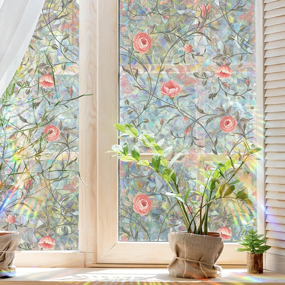 Stained Glass Privacy Film Red Rose Sun Blocking Decor, 16.93×39.37in