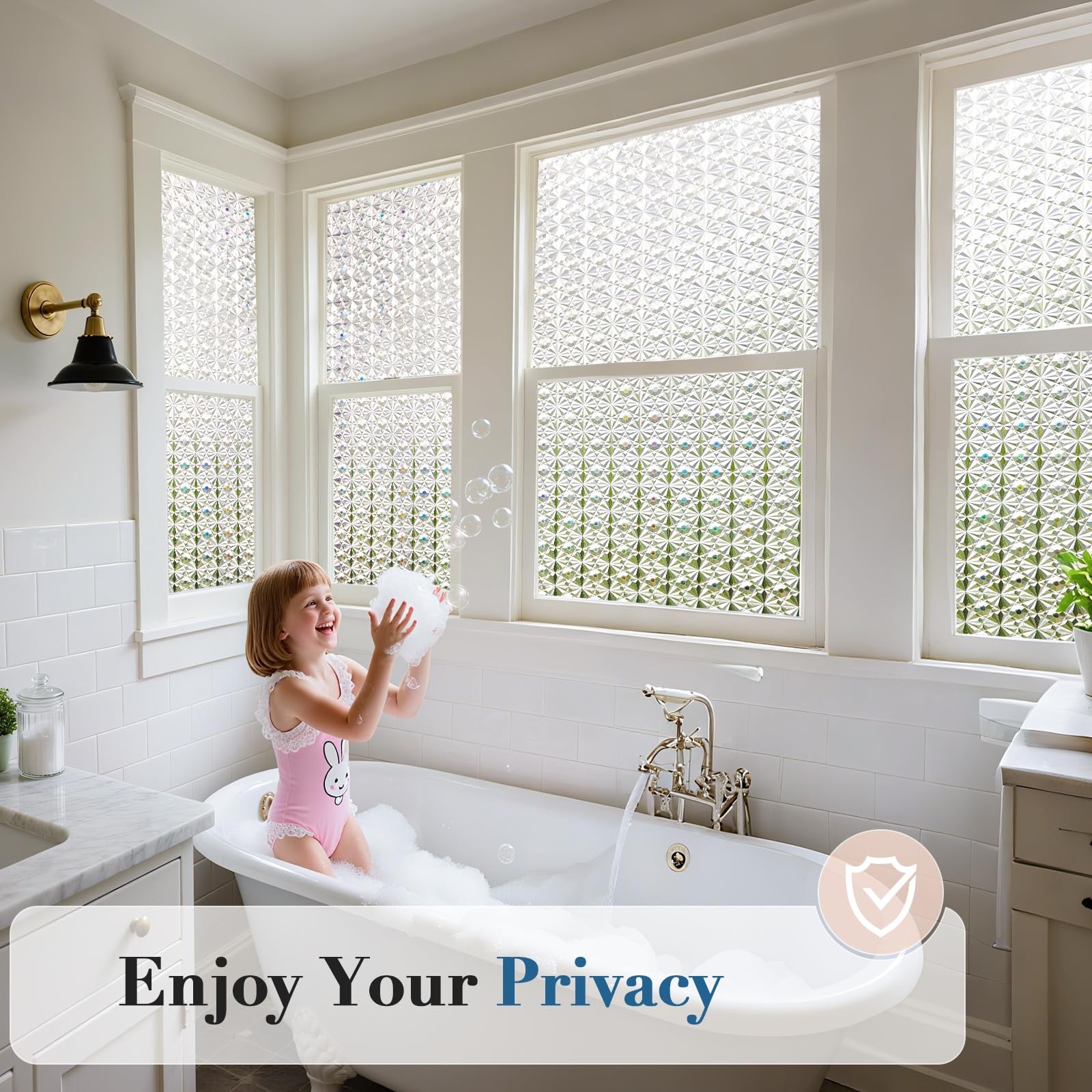 Windimiley 3D Diamond Frosted Glass Window Privacy Film, 17.5×78.7in, Pure