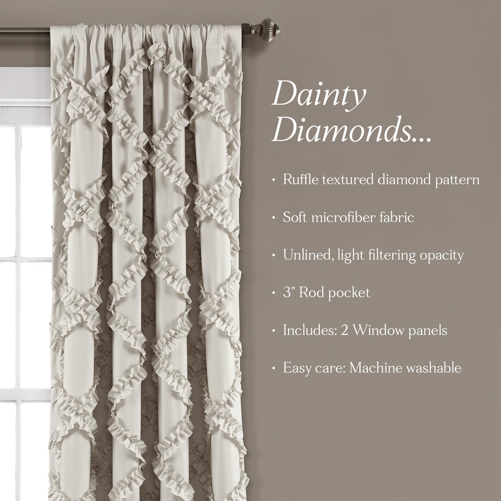 Ruffle Diamond Window Curtain, 213.4 x 137.2 cm, Neutral