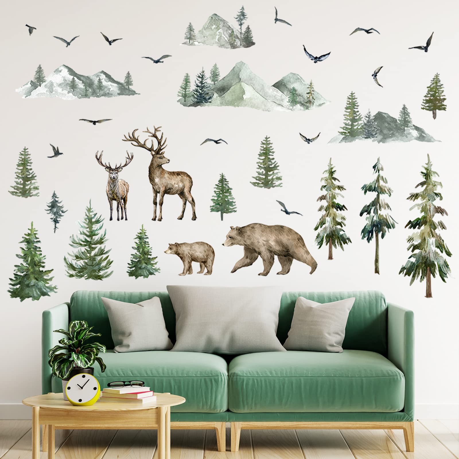 Kajaia Mountain Wall Decals Large Pine Tree Peel and Stick Forest Multicolor