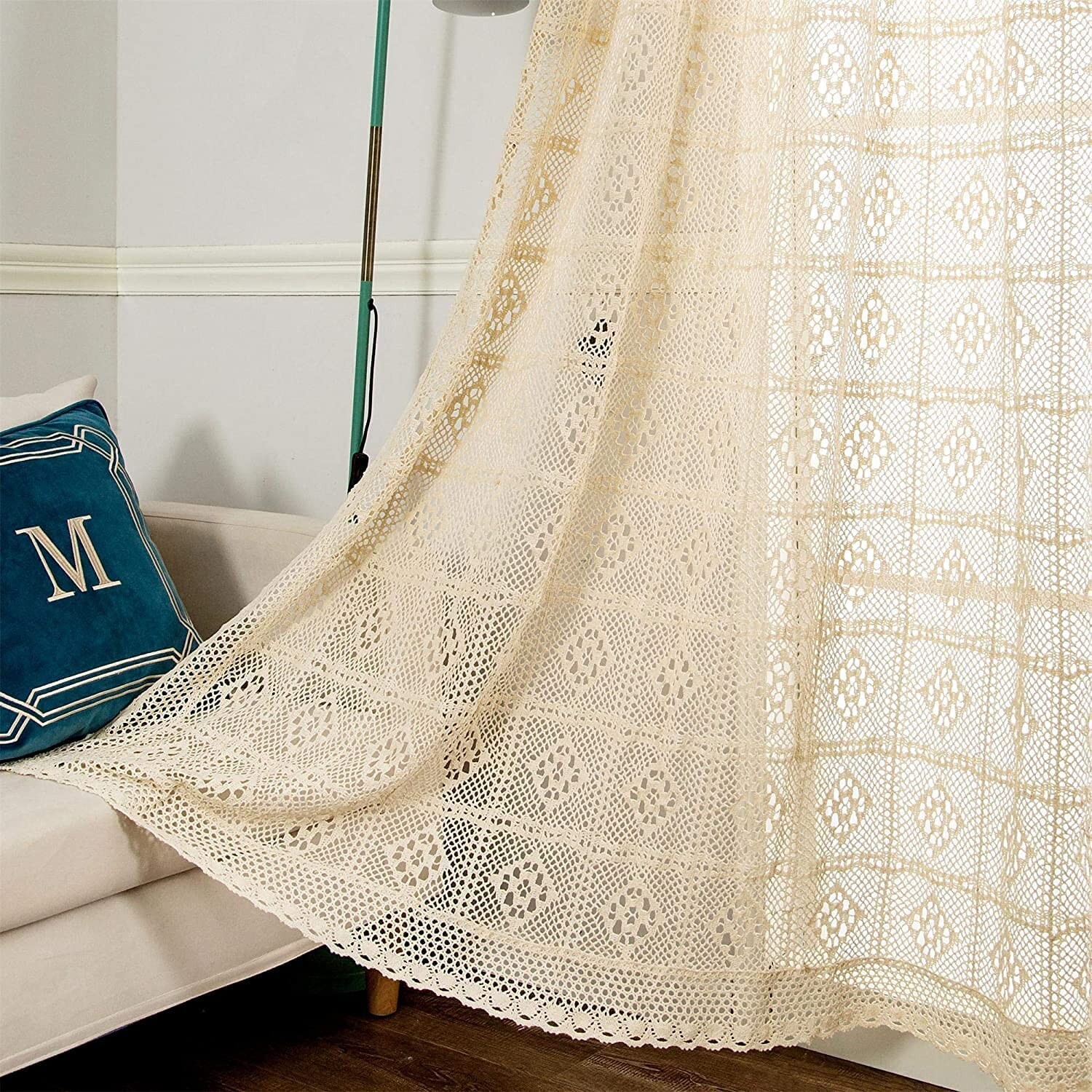 Vintage Crochet Lace Curtain Window Drapes Living Room Boho Farmhouse Home Decor