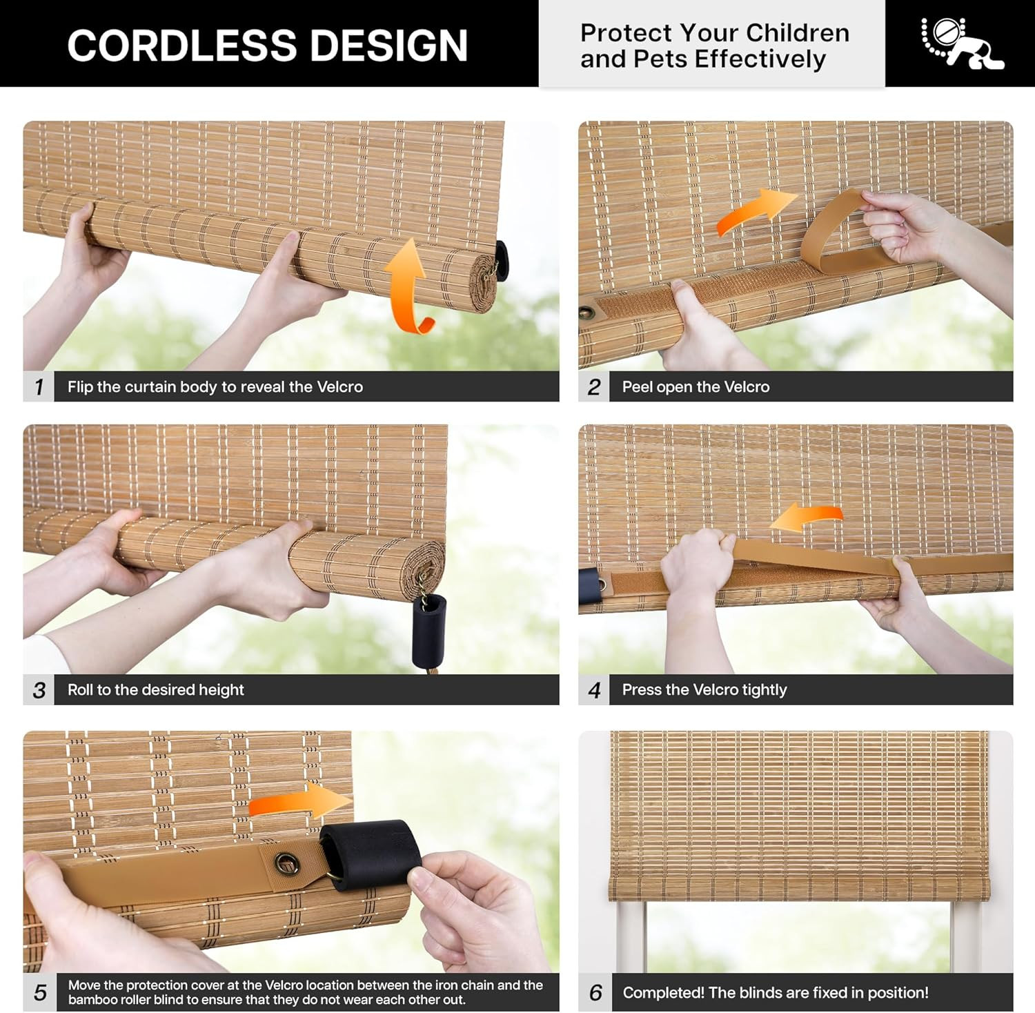 Cordless Bamboo Roll-Up Blinds for Indoor/Outdoor, 35″ W x 64″ H, Highfield Teak