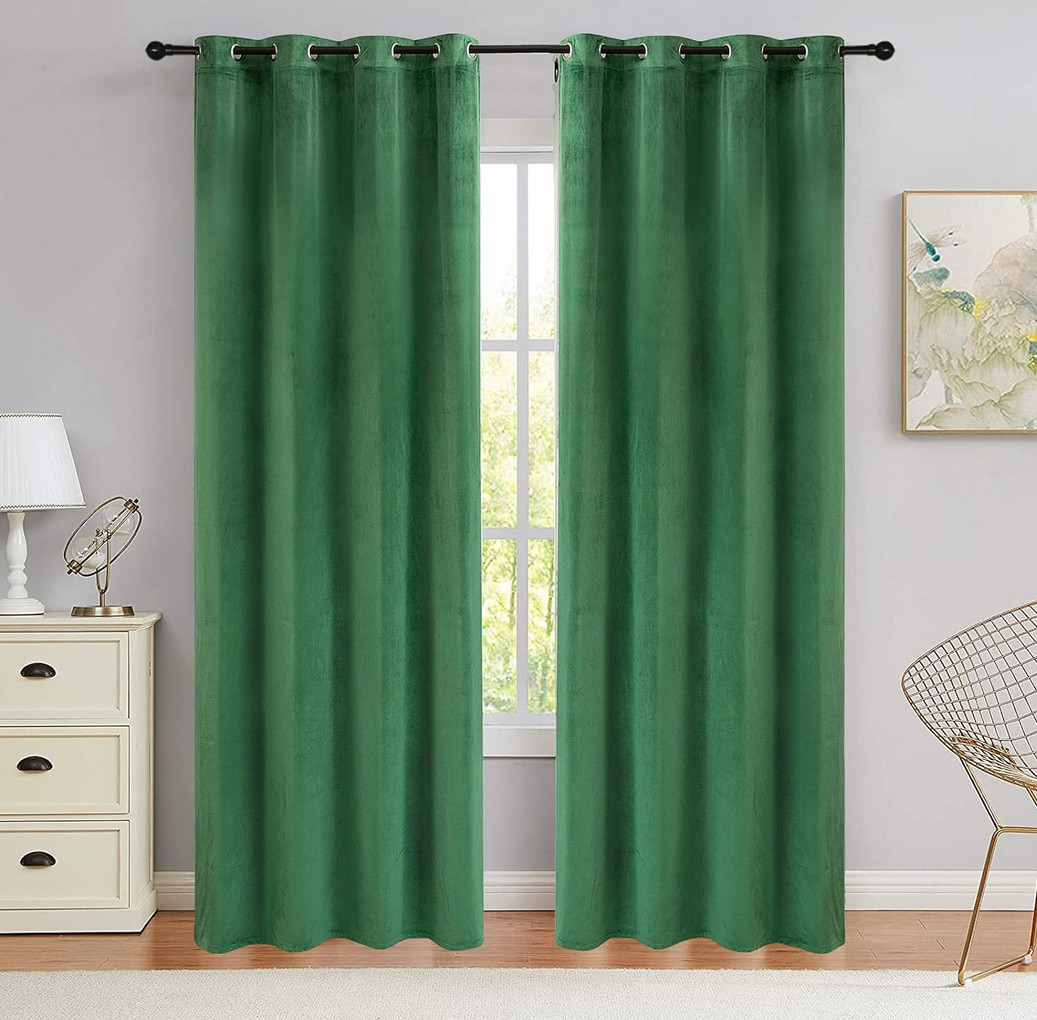 Green Velvet Curtains 52″ x95″ Plush Blackout Bedroom Darkening Window 2 Panels