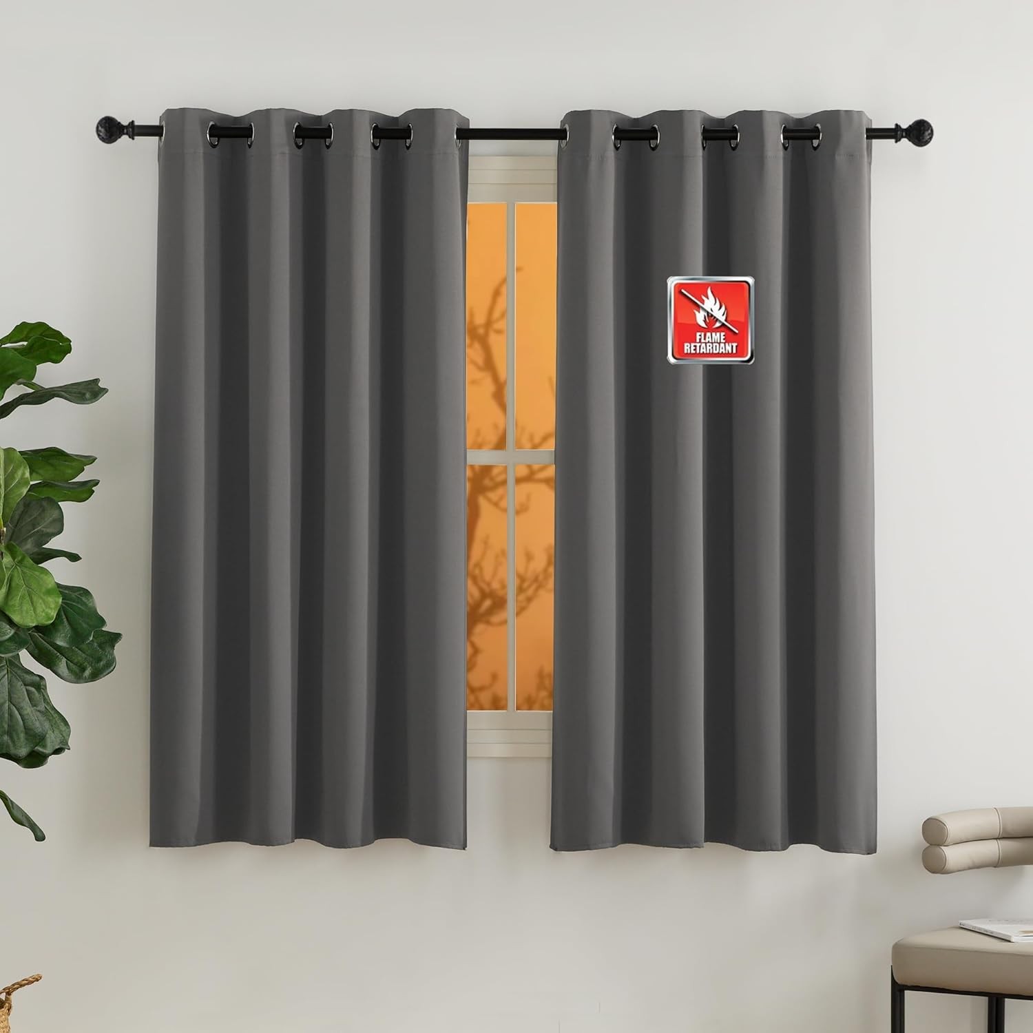 Flame Resistant Grey Blackout Curtains 63 inches Length 2 Panels Set, W52 x L63