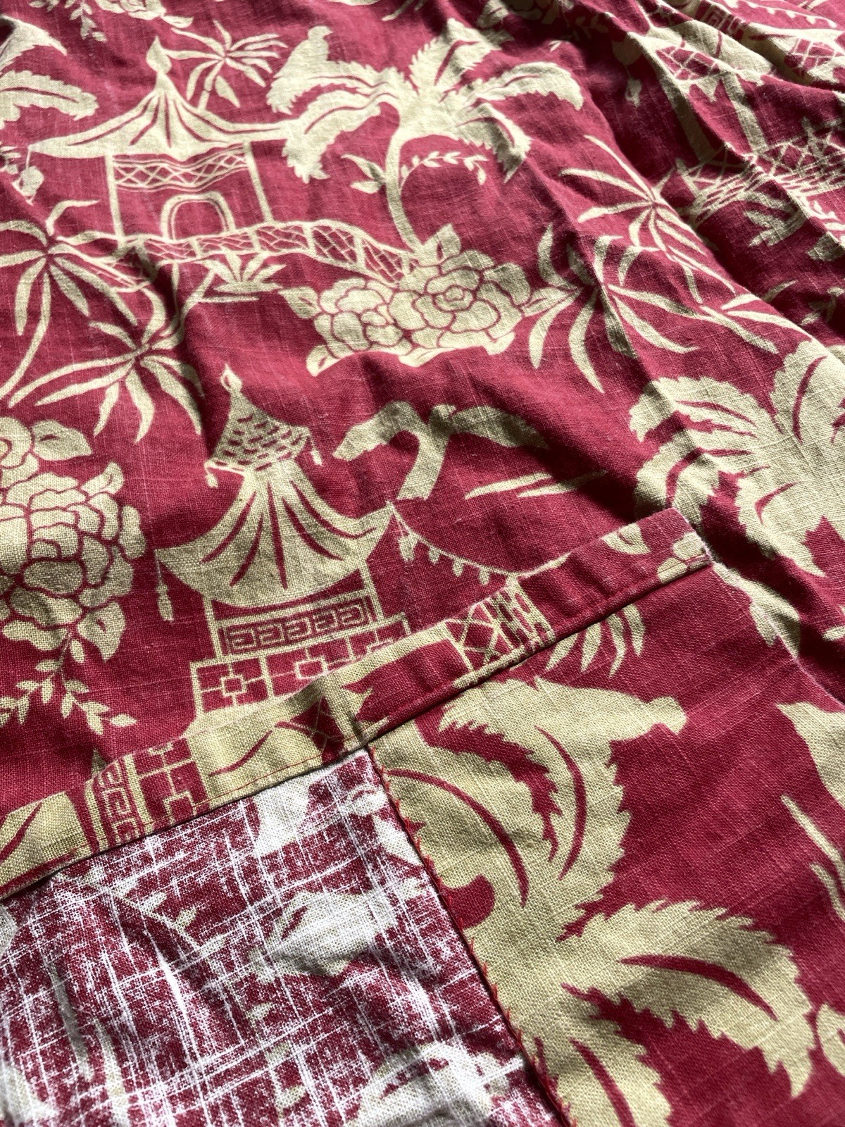 Vintage Set of 4 Pinch Pleat Curtains 70s MCM 108” Long Red Green Drapes Retro