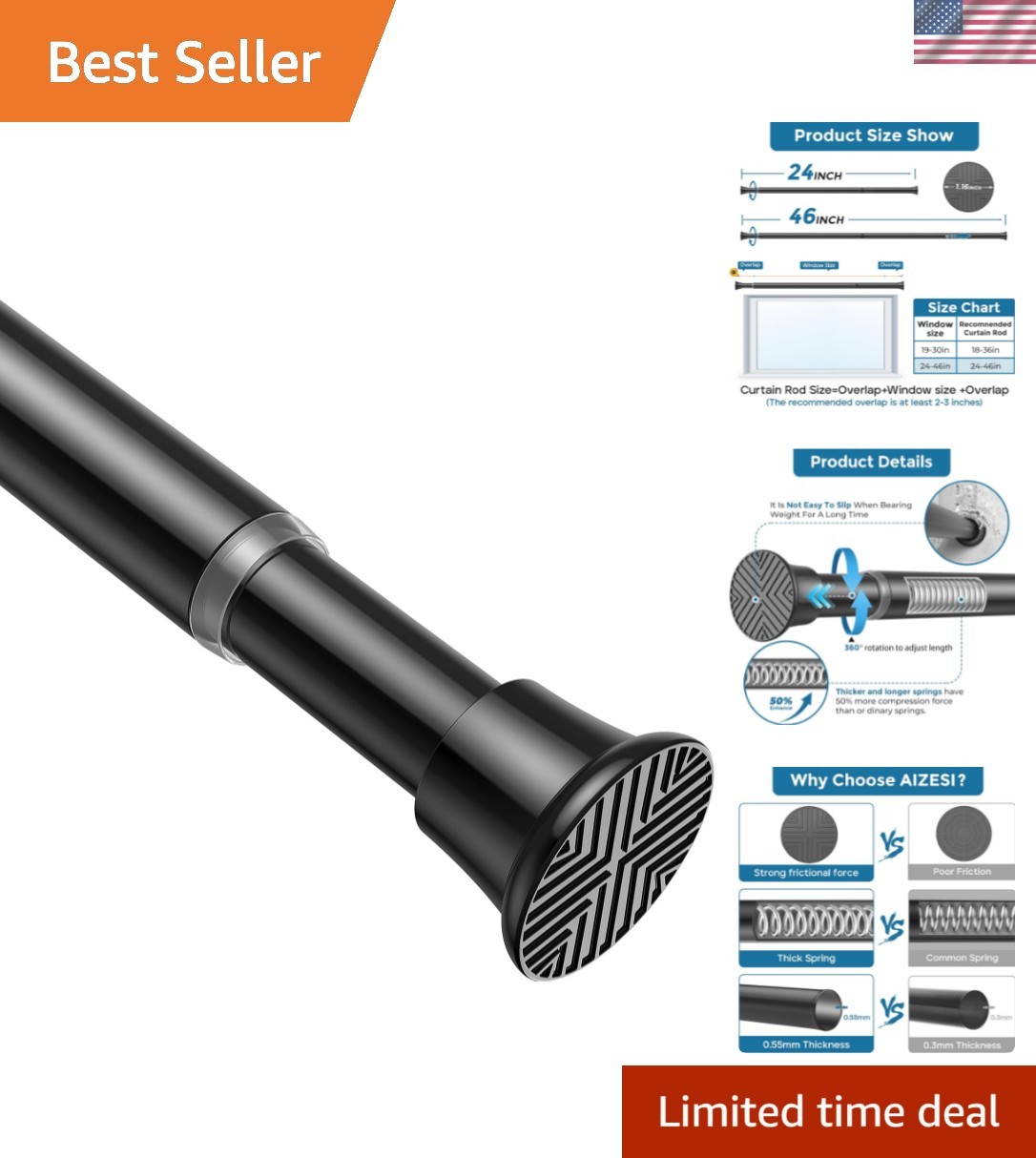 Tension Rod 24 to 46 Inch, 1Pcs Black Tension Curtain Rod, Adjustable Spring …