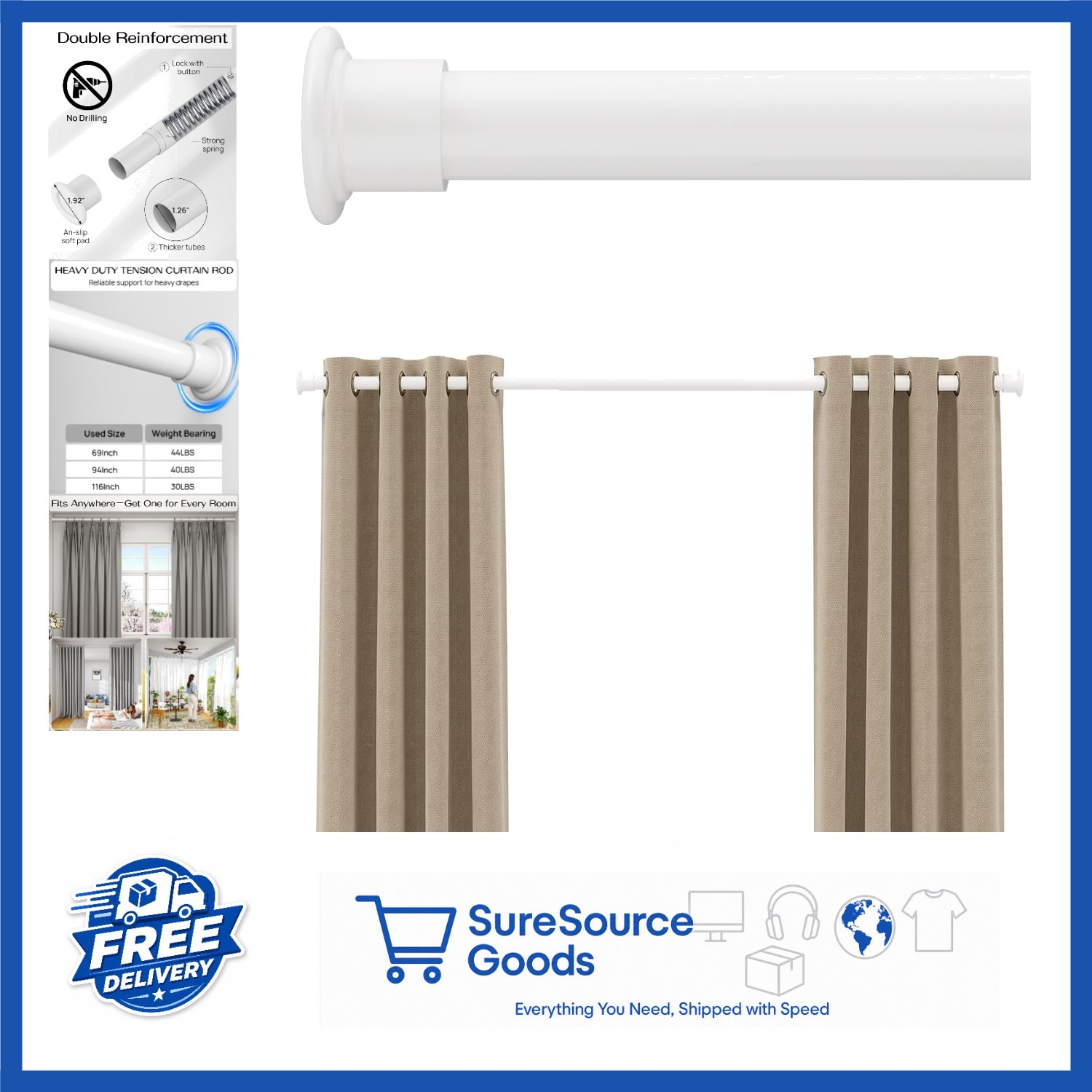 Heavy Duty Tension Curtain Rod 42-123 Inches No Drilling Renter Friendly White