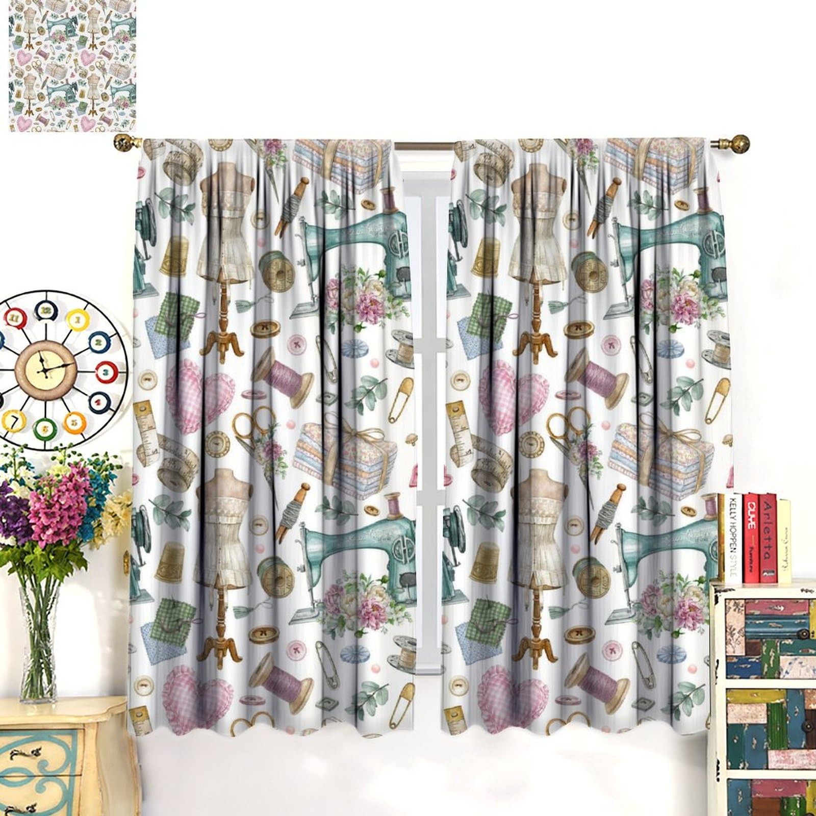 Sewing Theme Window Curtain,Vintage Sewing Machine Tool Pattern Print Curtain…