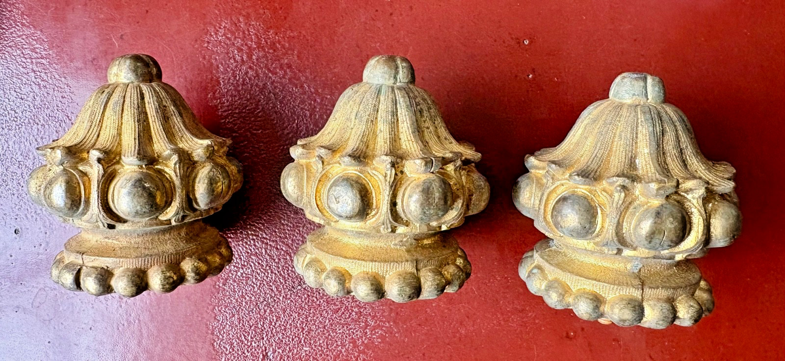 Set of 3 Antique Gilt Bronze Curtain Rod Finials 3 1/2″ Tall 3 1/2″ Wide Salvage