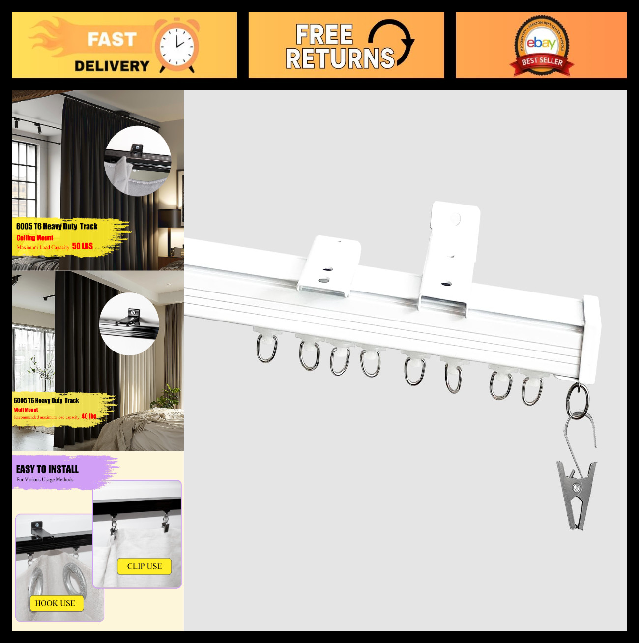 Heavy Duty Ceiling Wall Mount Curtain Track Rail System with Rollers & Hooks – R